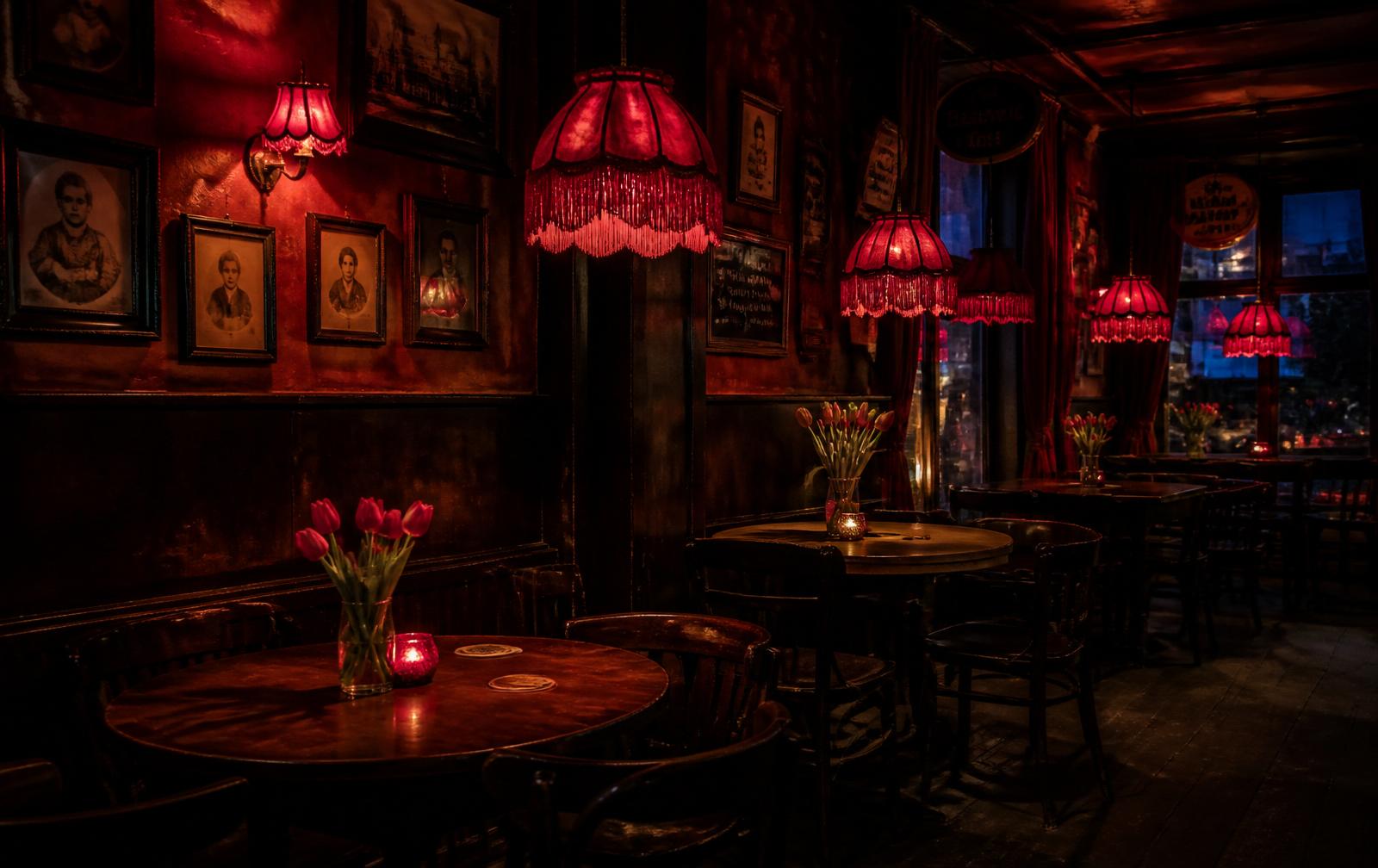 Sfeervol verlicht bruin café met rode lampen en houten tafels
